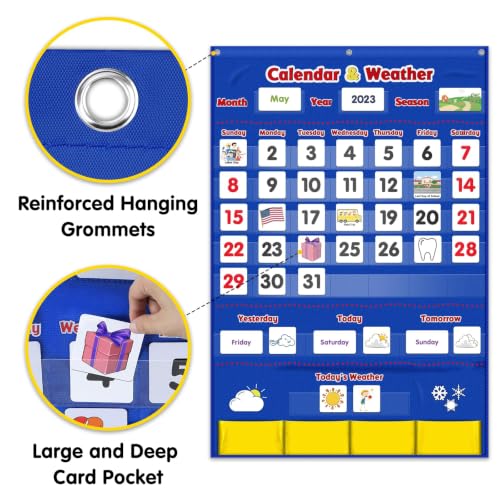 Blue Calendar Weather Pocket Chart Classroom Organizer with 149 Cards