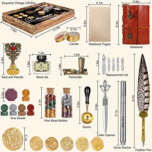 Feather Pen Pheasant Quill Pen and Ink Set,Caligraphy Kits for Beginners, Feather Pen and Ink Set With Leather Journal Notebook,Wax Seal Kit,7 Wax Seal Stamp Heads,Calligraphy Pens for Gift