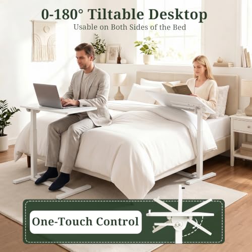 Overbed Bedside Table with Wheels - Adjustable Height Foldable Rolling Desk