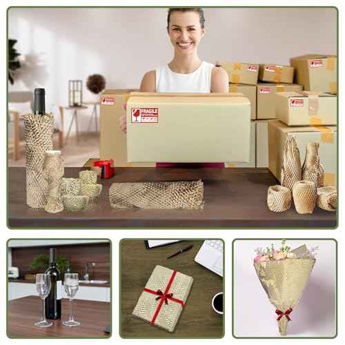 Honeycomb Packing Paper Wrap 15''x500', Substitute Alternative for Bubble Cushioning Wrap for Moving Shipping Packaging, Recyclable Moving Supplies with 60 Fragile Sticker Labels