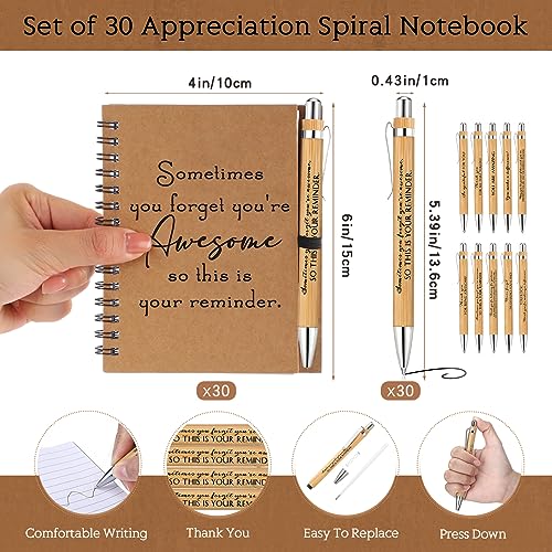 Honoson 30 Sets Spiral Notebooks Sets Employee Appreciation Gifts Bulk Inspirational Journals with Retractable Bamboo Pens Encouragement Notepad Thank You Gifts for Staff Teacher Coworker
