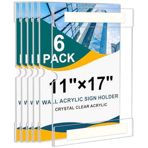 Acrylic Sign Holder 11 x 17 inches Wall Mount, 6 Pack Adhesive Vertical Wall Sign Holders Clear Acrylic Frames with 3M Double Sided Tape Clear Plastic Poster Holder for Office, Hospital, Restaurant, Trade Shows - No Drilling