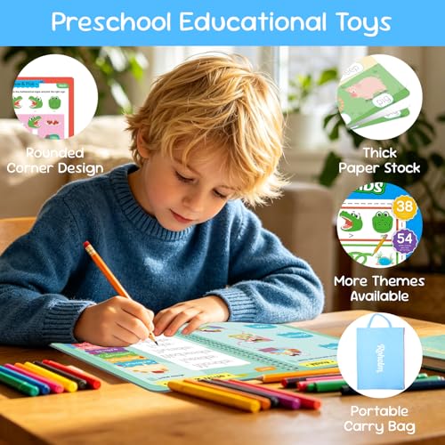 Rohelm Preschool Learning Activities Book - 54 Reusable Pages for Kids 3-5, Includes Markers & Storage