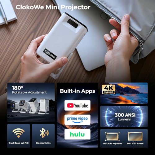 ClokoWe White Mini 4K WiFi Bluetooth Portable Projector 1080P Support