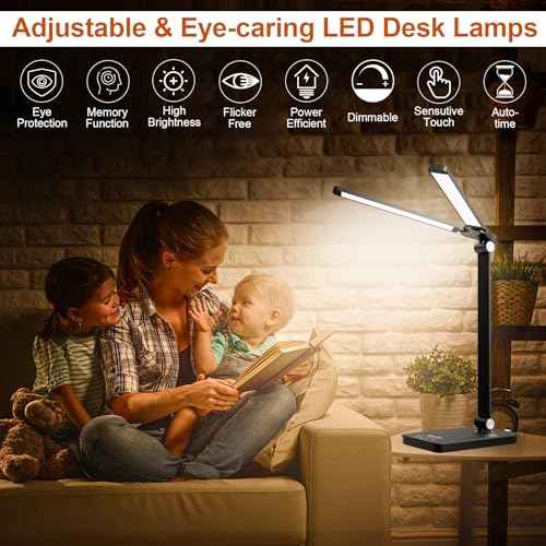NUNET Double Head LED Desk Lamp, 10W Dimmable Piano Stand Light with Dual Swing Arms, USB Charging Ports, Battery Powered Cordless Table Lamp for Upright Piano, Music Stand, Camping, Home & Office