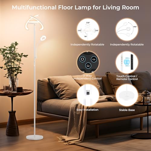 FIMEI Upgraded 3 in 1 Floor Lamp, Modern Bright Standing Lamp with Split Rotatable Ring Light and Small Reading Light, 4 Color and Dimmable, 3-Way Independent Control for Living Room Office, White
