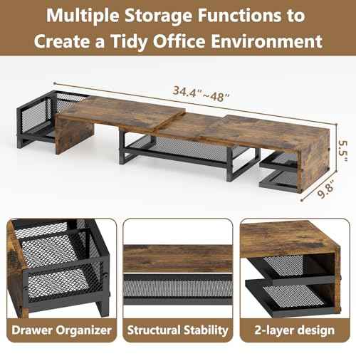 Wisdom Star Dual Monitor Stand with Drawer, Desk Organizers and Accessories, Adjustable Length & Swivel Angle, 2-Tier Computer Monitor Stand for Computer, Laptop, PC, Brown