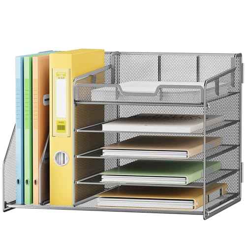 Lavatino 5-Tier Metal Mesh Desk Organizer with 2 File Holders & 7 Customizable Compartments | Paper Letter Tray for Office or Home Desk Storage | Keep Workspace Supplies Neat & Organized, Silver