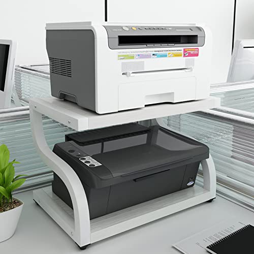 PUNCIA 2 Tiers Wood White Home Office Desktop Printer Stand Laser Printer Copier Stand with Storage Tabletop Heavy Duty Rack Desk Organizer Shelf Dual for Small Space Double Tiers Tray