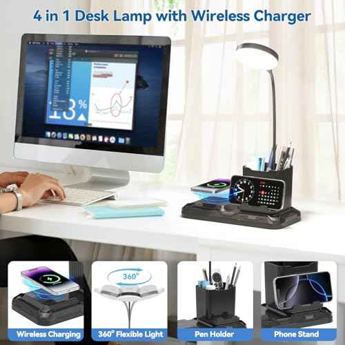 KDD 4 in 1 Desk Lamp with Wireless Charger - 360¡Æ Rotating Gooseneck Small Table Lamp with Pen Holder & Phone Stand, Adjustable White and Warm Light Dual Mode LED Desk Light for College Dorm Room