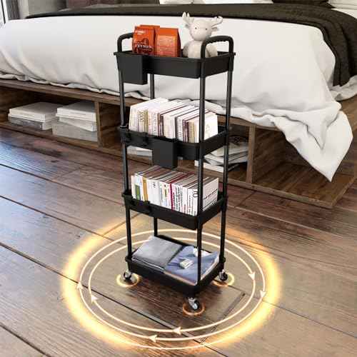 4 Tier Rolling Utility Cart with Handle,REBECAT Utility Cart Made of Multifunctional Storage Organizer Tool for Kitchen,Bathroom,Living Room,Office(Black)