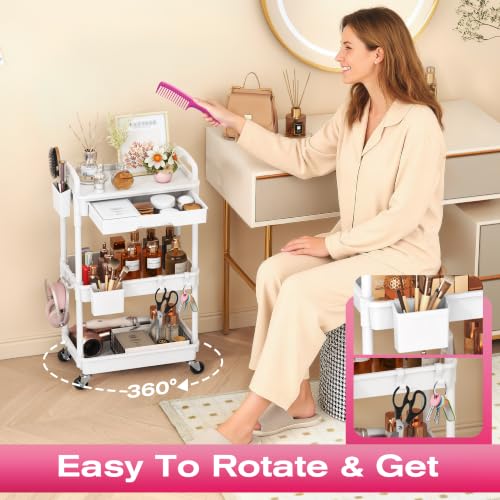 Goovilla Rolling Makeup Organizer Cart with Removable Drawer - White, 3-Tier