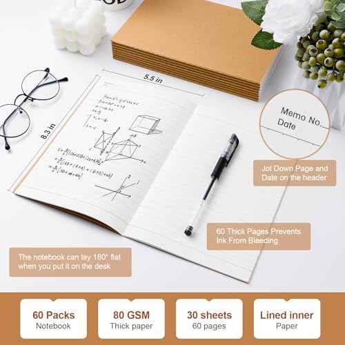 60 Pack Lined Kraft Notebooks Bulk, A5 Blank Paper Journal Notebooks for Office Work, 8.3x5.5inch Kraft Composition Notebook for School Student, 60 Pages