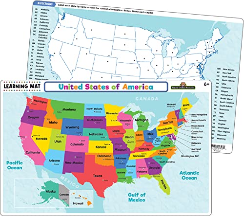 Teacher Created Resources US Map Learning Mat - Write-On/Wipe-Off Educational Tool for Kids