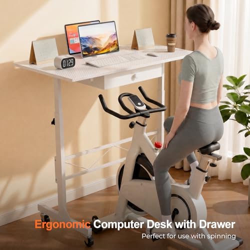 COMHOMA White Standing Desk with Storage Drawer - Height Adjustable Mobile Treadmill Workstation