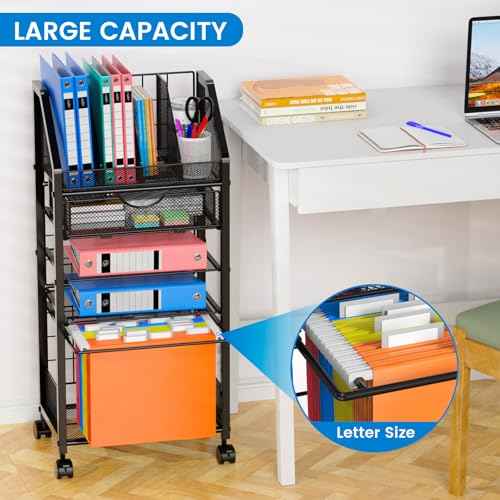 5 Tier Rolling File Cart with Drawer, Metal Office File Cart Organization with Sliding Trays, Teacher Carts with Wheels, Paper Letter Storage Hanging Files Folders for Workspace,Home,School Classroom