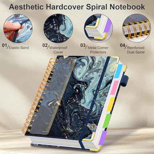 Spiral Journal Notebook for Work, 300 Pages 5 Subject Notebook College Ruled with Dividers & Tabs, 8''x 10'' Large Cute Notebooks Journal for Women Students Note-Taking and Organizer (Navy Marble)
