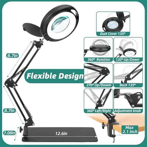 10X Magnifying Glass with Light and Stand, Head Button Control Magnifier Lamp with Dust Cover, 5 Color Modes Dimmable LED Lighted Magnifier with Clamp & Base for Painting Craft Close Work