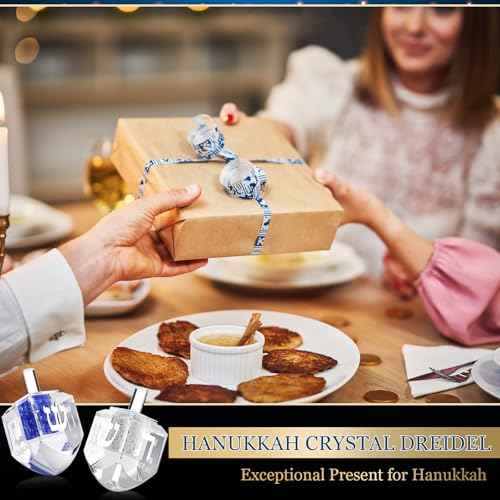 Yaomiao 2 Pack Hanukkah Dreidel, Crystal Glass Paperweight with Hebrew Letters Jewish Decor Gift Home Table Decor Glass Figurines Collectibles White and Blue