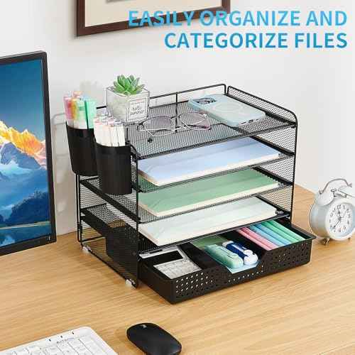5-Tier Paper Organizer Letter Tray with Drawer & 2 Pen Holders, Desk Organizer and Accessories for Desktop File Workspace Organization, Office Desk Accessories Office Supplies Storage (Black)
