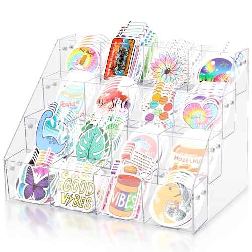 Sticker Display Stand for Vendors - 4 Tier 16 Pockets Acrylic Sticker Holder Display For 4'' Large Stickers, Sticker Organizer Shelf Ideal for Small Business Supplier Events and Trade Shows