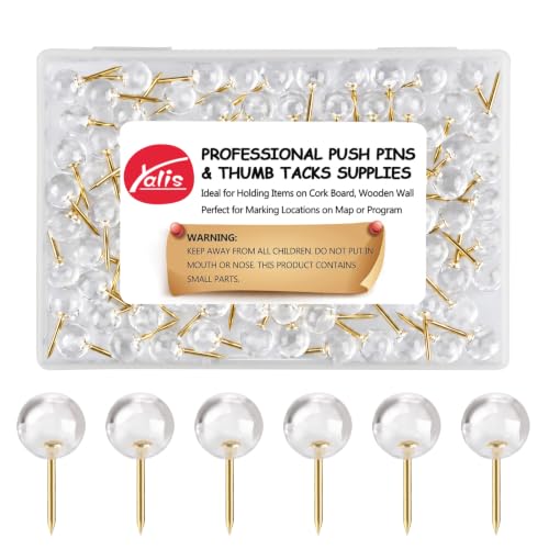 Yalis 100-Pack Push Pins 1/3 Inch Gold Steel Point Clear Head Map Tacks (T-gold)