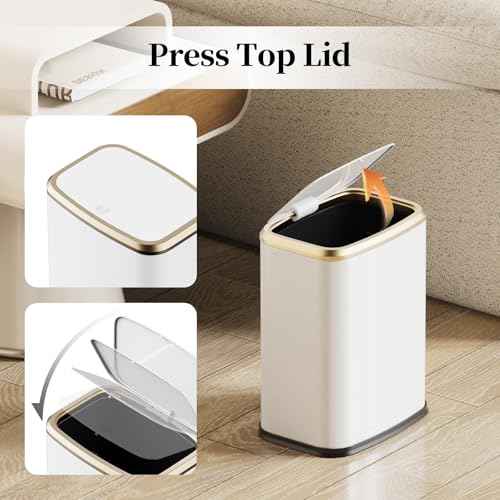2.1 Gallon Bathroom Trash Can with Lid Press Top, 8 Liter Stainless Steel Garbage Can with Press Type Lid, Slim Trash Bin Waste Basket for Toilet, Office, Bedroom, Living Room (White)