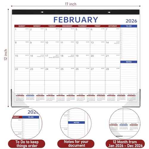 2026 Desk Calendar - Large Desk Calendar 2026, Jan 2026 - Dec 2026, 12 Months Calendar, 17" x 12", Desk Pad, Large Ruled Blocks, To-Do List & Notes, Desk/Wall Calendar for Planning or Organizing