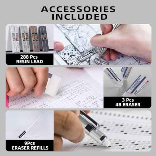 0.5mm Mechanical Pencil Set with Case - 4PCS Metal Mechanical Pencils, 8 Tubes HB #2 Lead Refills, 3PCS 4B Erasers and 9PCS Eraser Refills, Lead Mechanical Pencils for Writing & Drawing