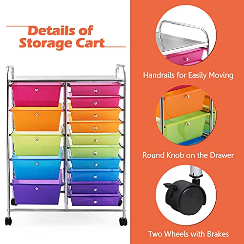 GOFLAME Rainbow 15-Drawer Rolling Storage Cart with Removable Drawers & Lockable Wheels