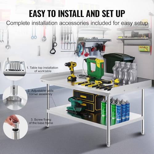 VEVOR 30 x 48 x 26 in Stainless Steel Work Table with 3-Sided Backsplash, Adjustable Shelves, 0.8mm SUS201 for Commercial Kitchen