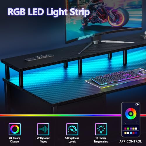 Korfile 47-Inch Reversible Gaming & Office Desk with LED Lights, Power Outlets & Storage Drawers - Carbon Fiber Black