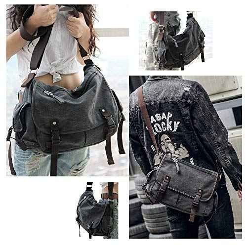 [Upgraded] Vintage Canvas Messenger Bag 13 15.6 17 inches Large Book Laptop Shoulder Bag Women Men New (Black, Medium)