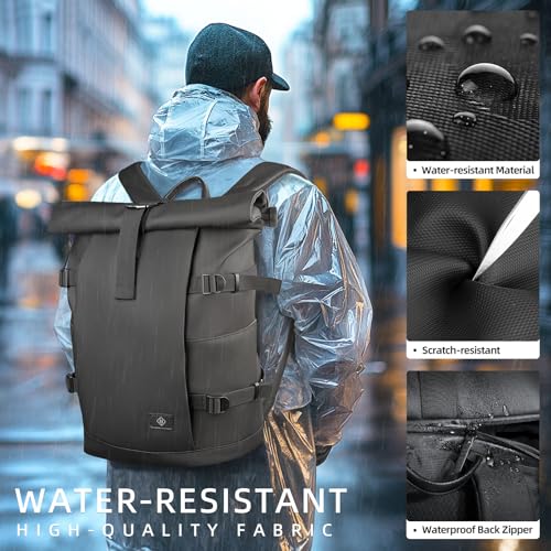 Rolltop Laptop Backpack,Expandable Business Travel Backpack for Men Women,Water-Resistant Casual Daypack with 15.6 Inch Laptop Compartment,19-28L Anti-Theft Computer Work Bag for Commute College-Black