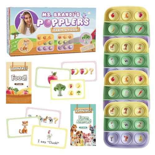 The Fidget Game Popplers, Toddlers Early Learning & Educational Fidget Toy, Food & Farm Animals Popping Games, Teacher Must Have for Matching, Sound Recognition and First Words, 6 Mini-Games Included