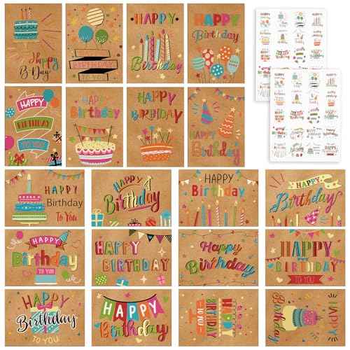200 Set Unique Happy Birthday Card Bulk with Envelope and Sticker Blank Greeting Card Large 5 x 7 Inch Suitable for Office Kids Women Men, 20 Styles(Retro Style)