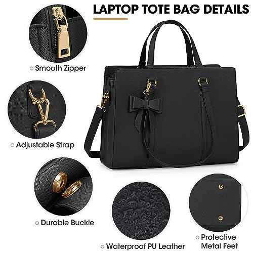 Laptop Bag for Women 15.6 inch Laptop Tote Bag Waterproof Leather Computer Bag Large Lightweight Briefcase Professional Business Office Work Bag Black