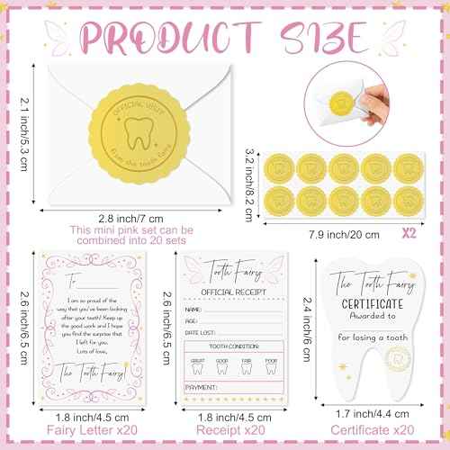 Mini Tooth Receipt Set - 20 Set Pink Tooth Cards with Envelope and Fairy Letter for Kids, Lost Teeth Certificate Keepsake Postmark Gift Bag with Seal Stickers for Girls Boys Home School Award