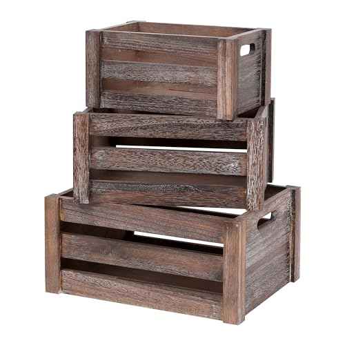 Large Vintage Brown Wooden Crates Set of 3, Rustic Handmade Wood Boxes for Storage or Display, Solid Wood Decorative Boxes
