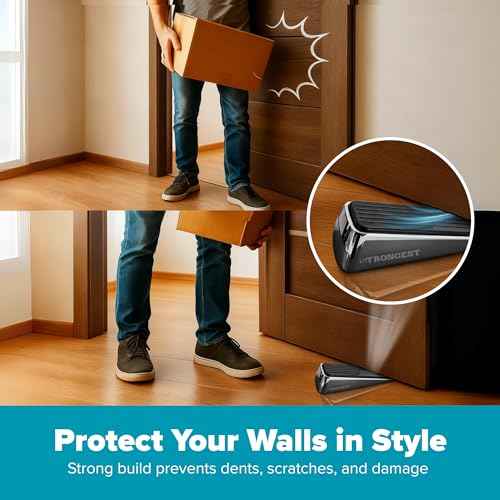 Strongest Home Heavy Duty Door Stopper Wedge (2 Chrome PCs) | Non-Slip Rubber and Metal Door Stop for Heavy Doors| Work on Wood, Tile, Carpet + 2 White Wall Protectors