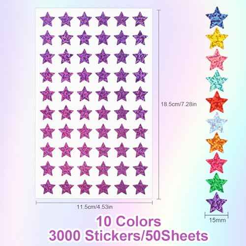 3000 PCS Star Stickers, 0.6" Sparkly Holographic Stickers, Kids Rewards Holographic Colors Sticker, Foil Star Sticker for Behavior Chart, Student Planner, School Classroom Teacher Supplies, DIY