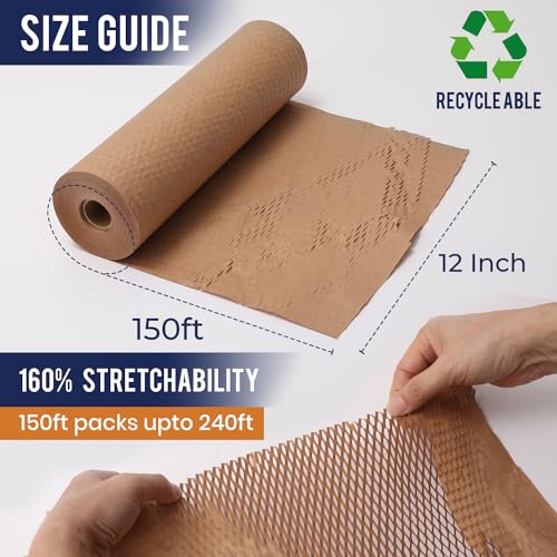 Honeycomb Packing Paper For Moving 12" x 150ft With Rope & Fragile Stickers