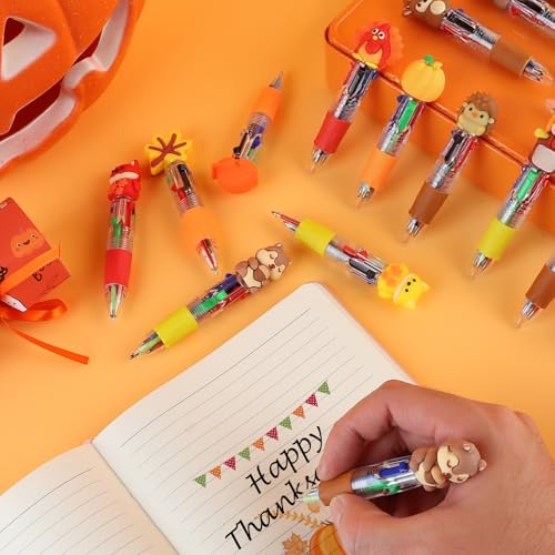 100 Pcs Thanksgiving Multicolor Pen in One Cartoon Cute Fun 4-in-1 Cute Pens Bulk Kawaii Maple Leaves Pumpkins Scarecrows and Turkeys Shape Cool Ballpoint Pens for Kids Fun Gifts