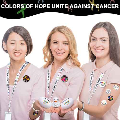 1140 Pcs Cancer Awareness Set Colorful Ribbon Lung Breast Cancer Awareness Items Include Lanyards Keychains Stickers Buttons Stress Balls Pens Silicone Bracelets Rubber Ducks