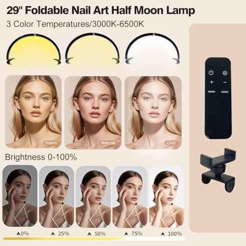 29in Half Moon Light for Nail Desk, Foldable Nail Light for Desk, Large LED Desk Lamp Professional Lash Lamp Adjustable Brightness with Phone Holder for Manicure,Drawing,Craft,Makeup,Tattoo(Black)