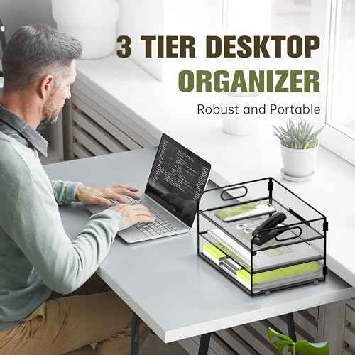 Daltack 3-Tier Paper Organizer with Handle, Mesh Desk Organizer Letter Tray, Paper Tray Organizer File Organizer for A4 File Folder, Black