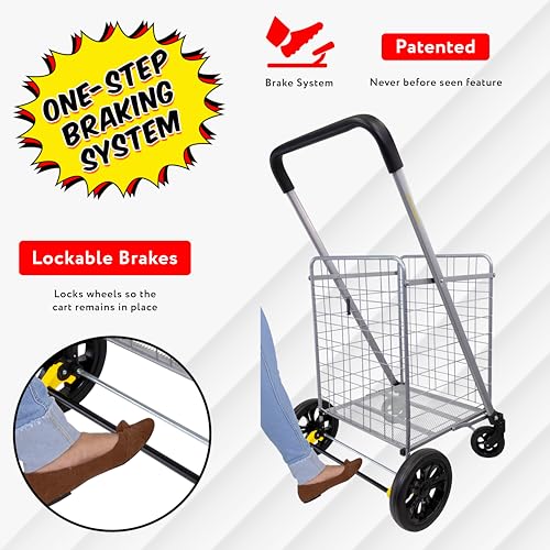 dbest products Cruiser Cart Deluxe 2 - Foldable Shopping Cart with Wheels for Groceries - Heavy Duty Utility Cart with Brake System - Collapsible Laundry Cart - USA Designed - Holds 100 lbs - Silver