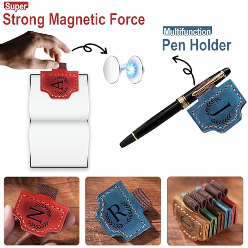 Bygone Mark Bookmark with Pen Holder, 26 Letters Name Initial Personalized Magnetic Bookmarks, Leather Book Mark for Men Women, Travelers Accessories, Teachers Readers Book Lovers Gifts (Red, A)