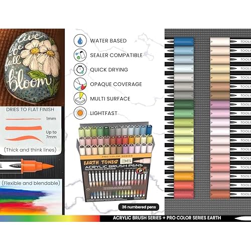 36 Flexible Brush Tip Earth Tones Acrylic Paint Pens Markers Set 1-7mm Line for Rock Painting, Brush Lettering, Glass, Mugs, Wood, Metal, Canvas, Fabric, Plastic. Non Toxic Waterbased Quick Drying