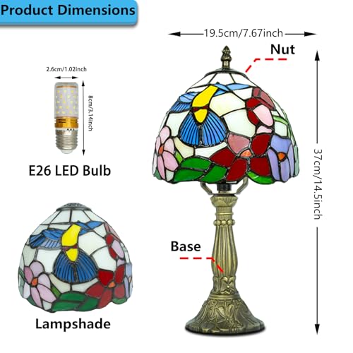 Small Tiffany Lamp 8 Inch Stained Glass, 3 Color Temperature Adjustable, Handcrafted Antique Bedside Lamp for Bedroom Living Room with E26 LED Bulb (Hummingbird)
